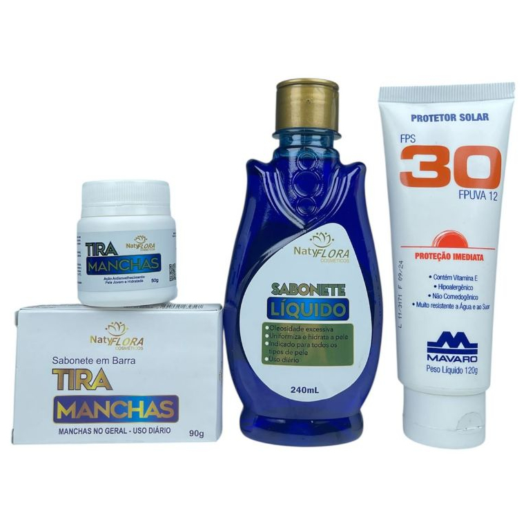 Kit Completo Para Pele com Protetor Solar Facial e Corporal FPS 30 120g e Kit Tira Manchas NatyFlora