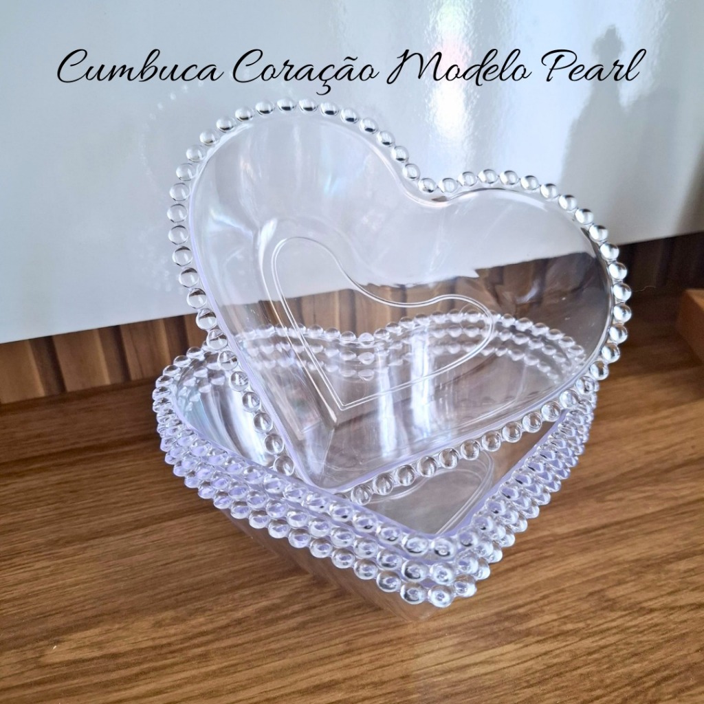 KIT 12 CUMBUCAS 300ML CORAÇÃO PETISQUEIRA ACRÍLICO CRISTAL MODELO PEARL/PÉROLA DELICADA E RESISTENTE