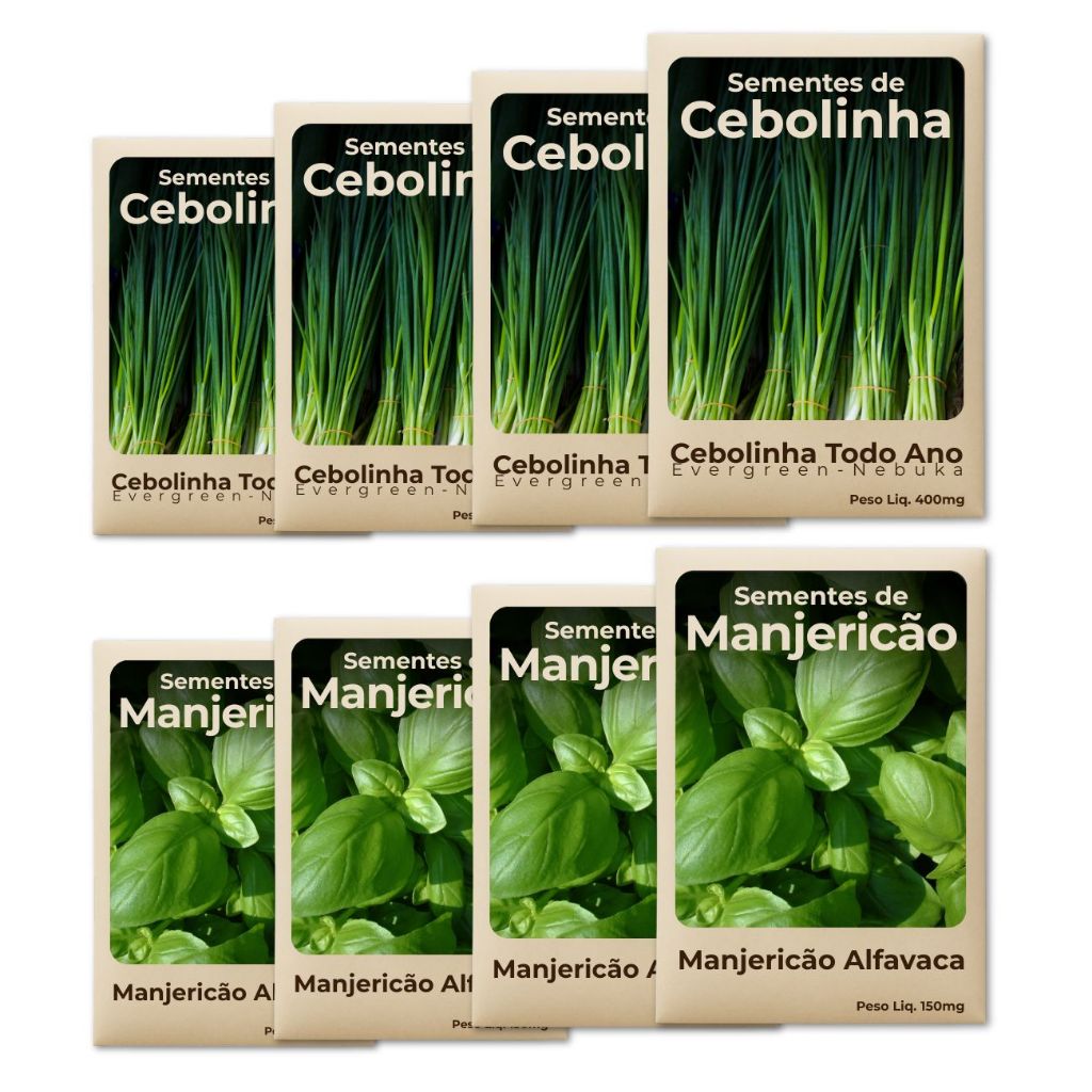 Semente Manjericão e Cebolinha para quem busca horta simples e nutritiva Kit 8Pct