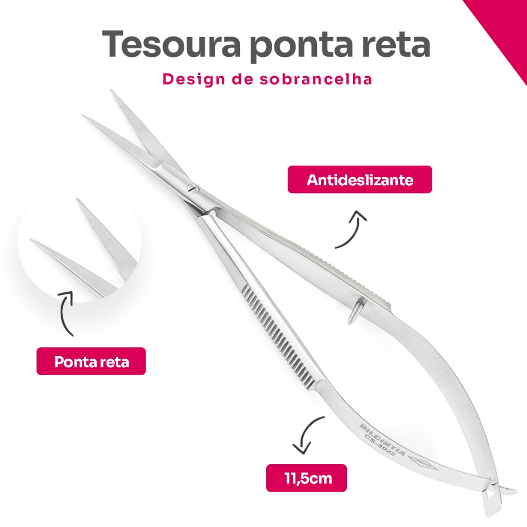 Tesoura Reta Design Sobrancelha Inox Esterilizável Alta Precisão Castroviejo Profissional Dilcintia