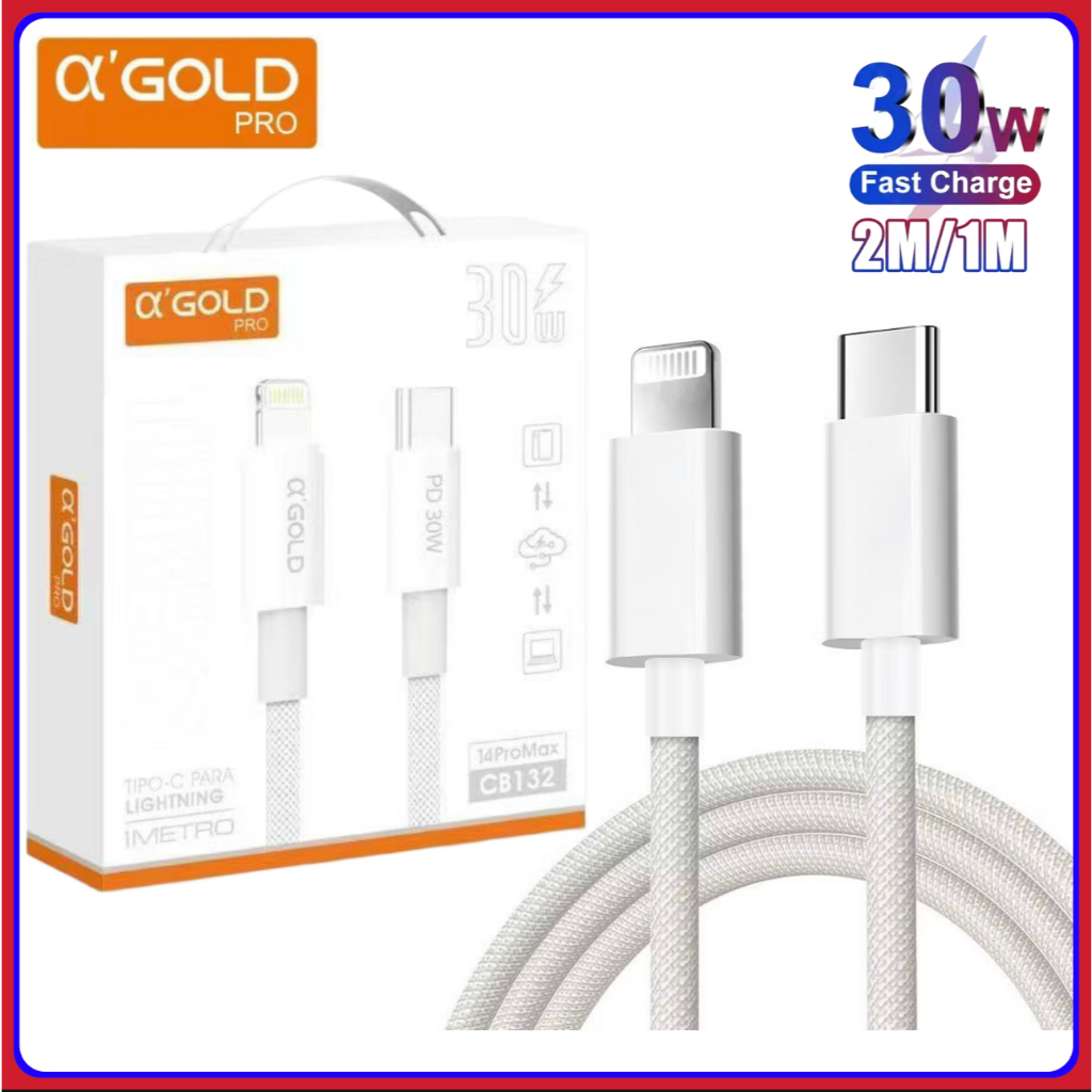 Cabo Tipo C Lightning Turbo 30W Para iPhone A’Gold Original 1 Metro 2 Metros carregamento rápido