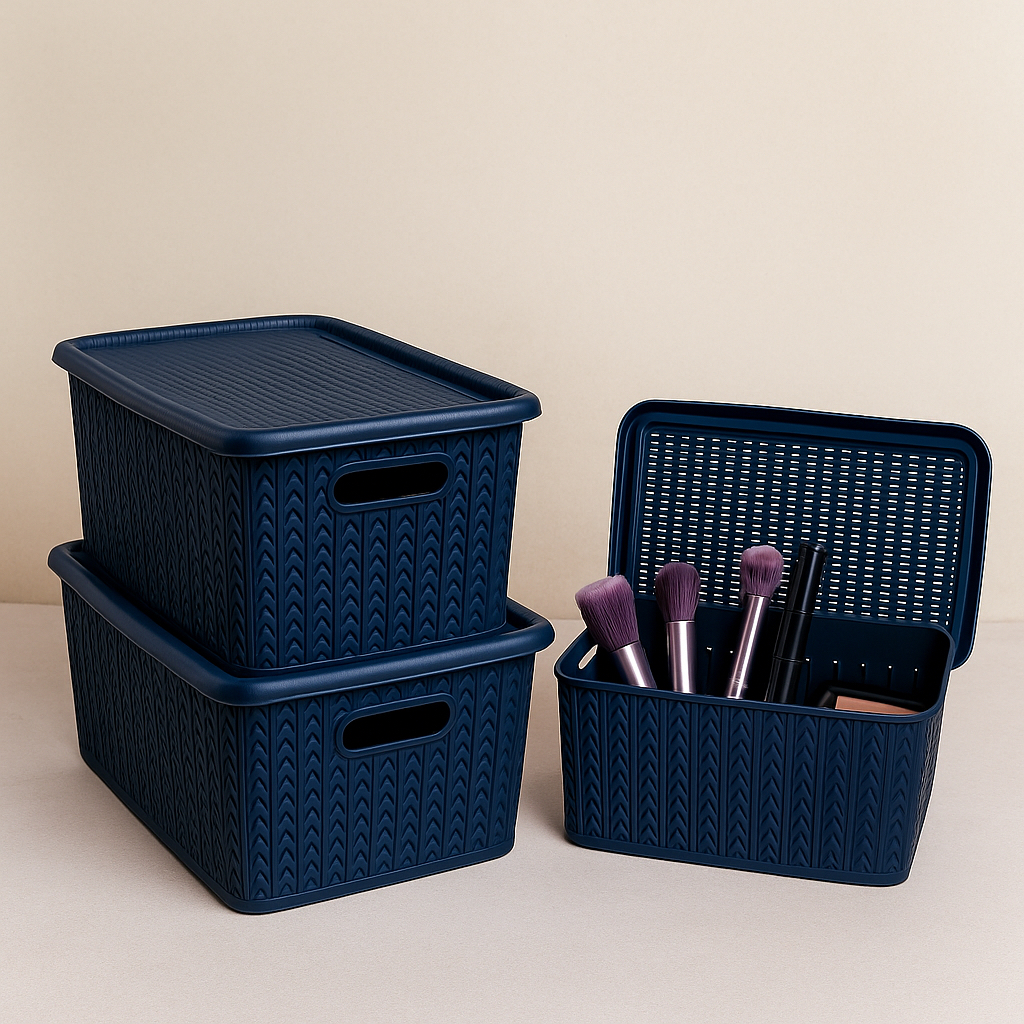 Kit 3 Caixas Organizadoras Rattan Plástico 5L com Tampa e Alças Empilhável Multiuso Casa