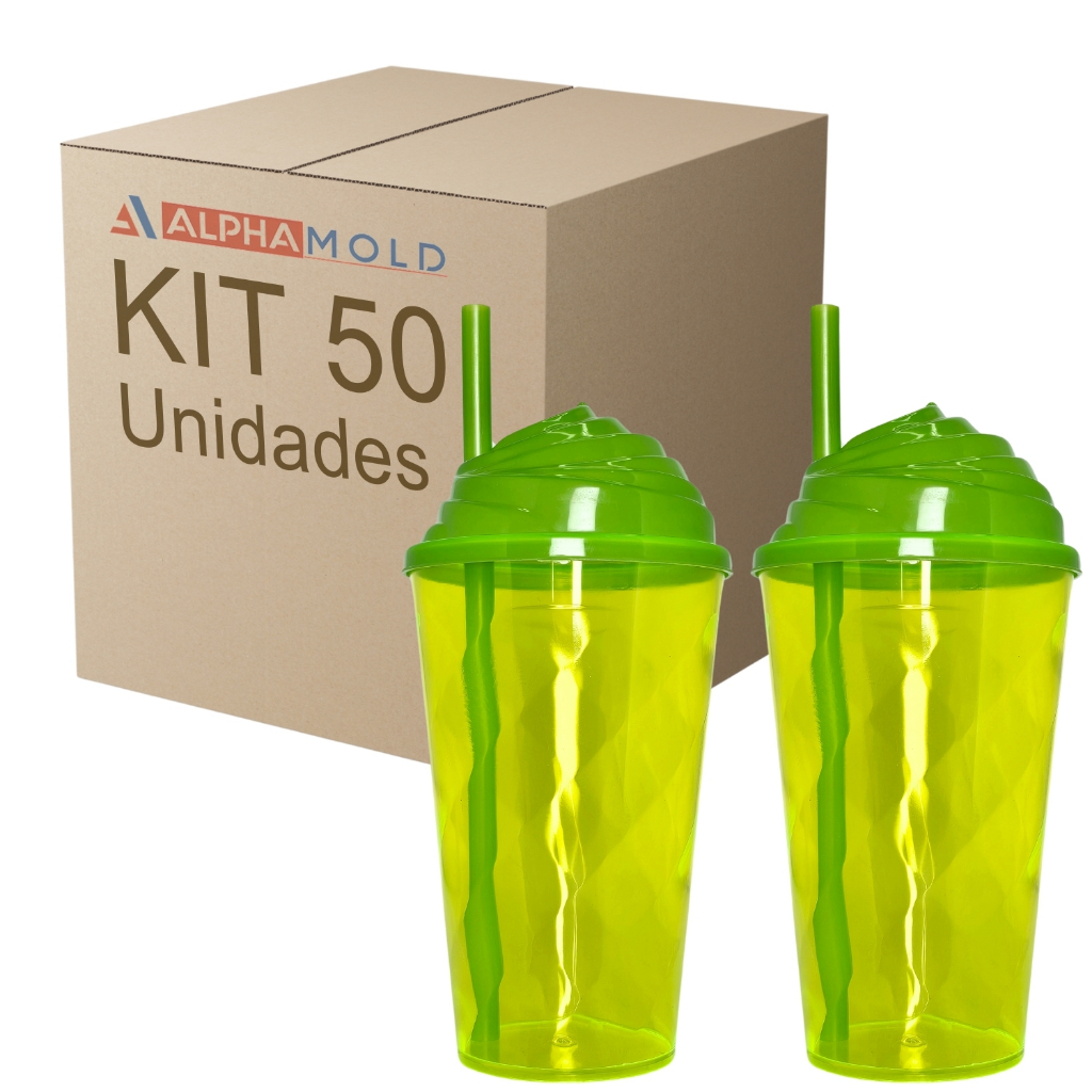 Kit 50 Copos Twister 300ml Tampa Chantilly Canudo Festa Evento Celebração Criança Cores Neon Balada