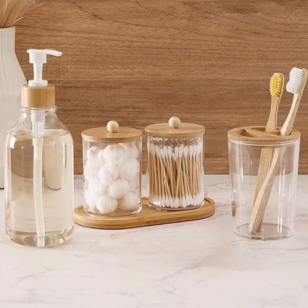 Jogo de banheiro bambu 05 peças  - porta algodão com base e tampa, sabonete e porta escova em Oferta na Shopee