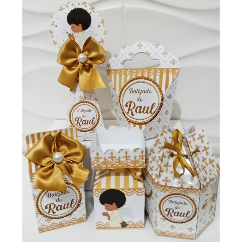 KIT CAIXA FESTA PERSONALIZADA BATIZADO BRANCO E DOURADO MENINO 2.0 ANJINHO / LEMBRANCINHAS /CAIXINHAS PARA FESTA