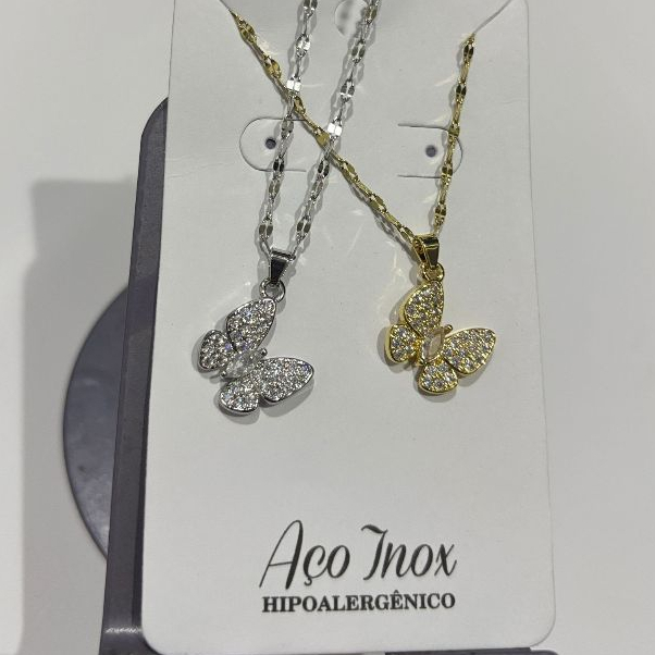 Colar com pingente de borboleta, colar de aço inoxidável com zircônia e cobre em Oferta na Shopee