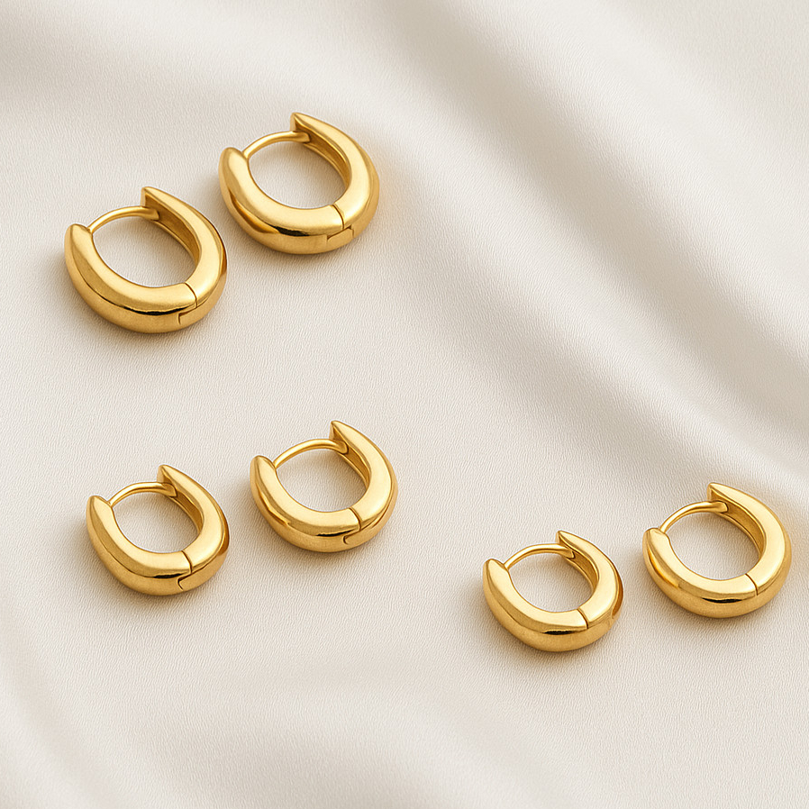 Kit com 3 Pares de Argolas Douradas, Brincos Femininos Banhados a Ouro 18k, Estilo Básico e Versátil