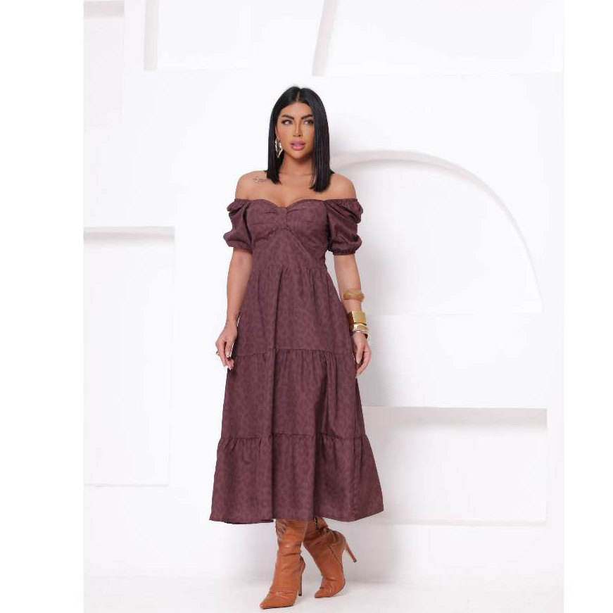 Vestido Feminino Midi em Crepe Aya (toque de seda) com Estampa Onça - Manga Curta