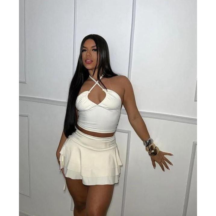 Conjunto Lara conjunto feminino em shorts saia  + top cropped amarração + saia soltinha babado cropped cruzado em Oferta na Shopee