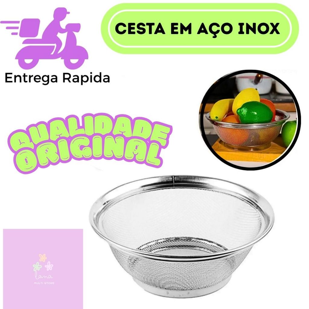 Cesto Aço Inox Escorredor Multiuso Para Macarrão Arroz Alimentos Praticidade Utilidades