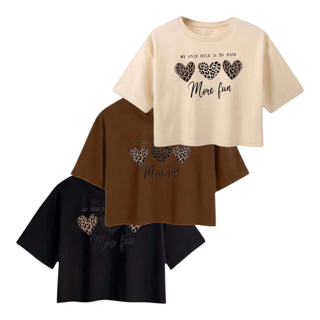 Kit 3 Cropped Feminino Estampado 3 corações Oversized Blusinha Soltinha Algodão Academia