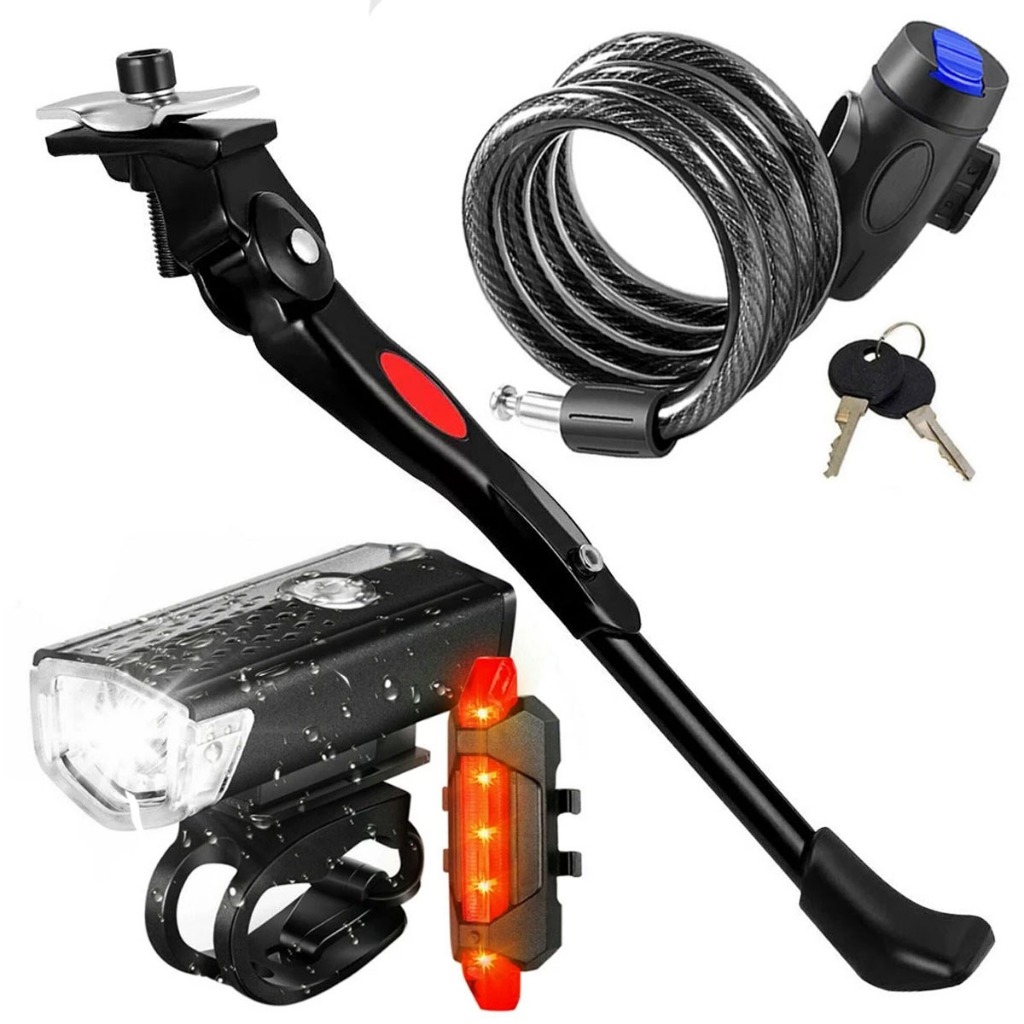 Kit Bike Trava Cabo De Aço Cadeado Bike Moto + Pezinho Central 20 a 29 + Farol Bike Luz Led Usb Mtb