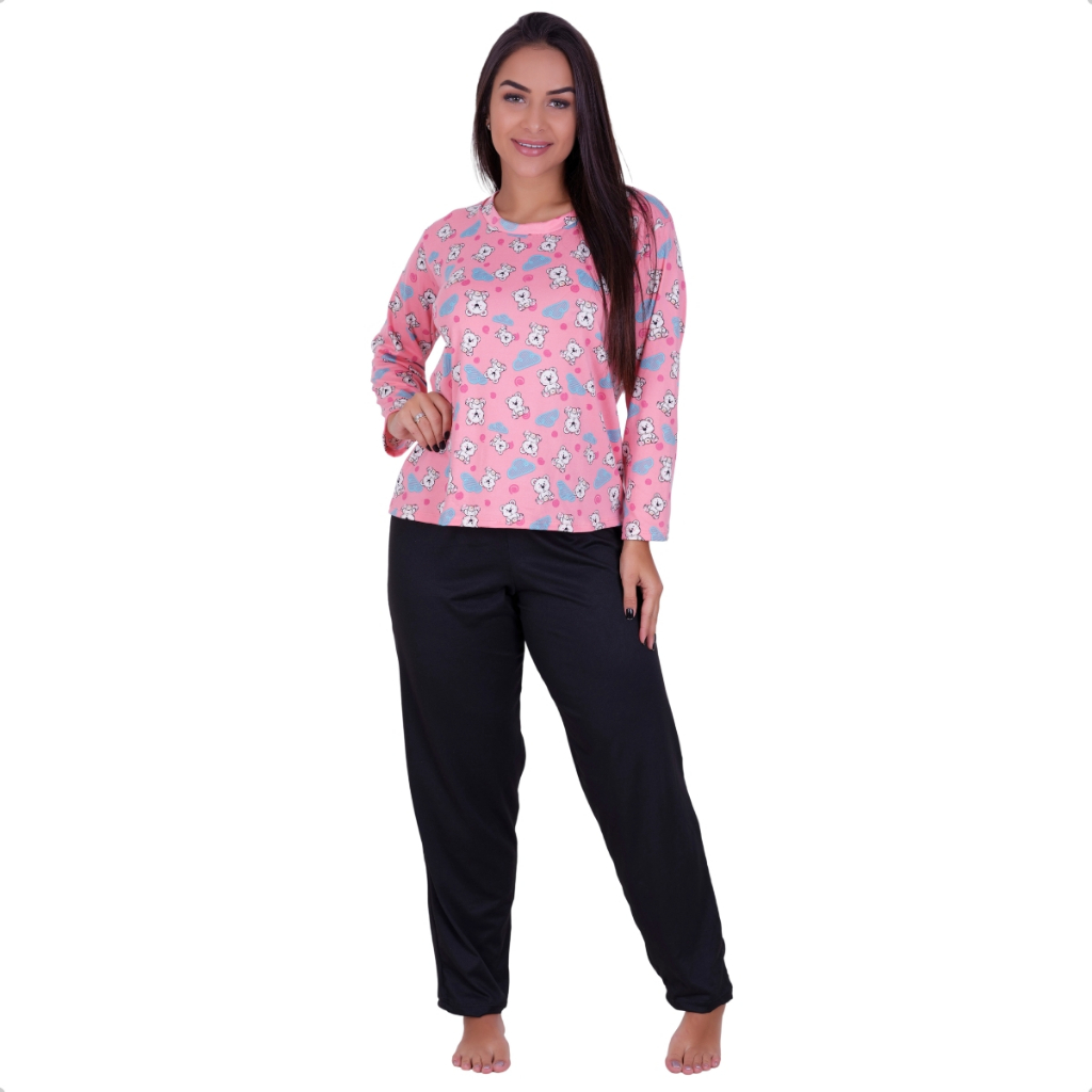 Pijama Longo Feminino Inverno Calça Comprida Blusa Manga Estampado Conjunto Dormir Noite Confortável