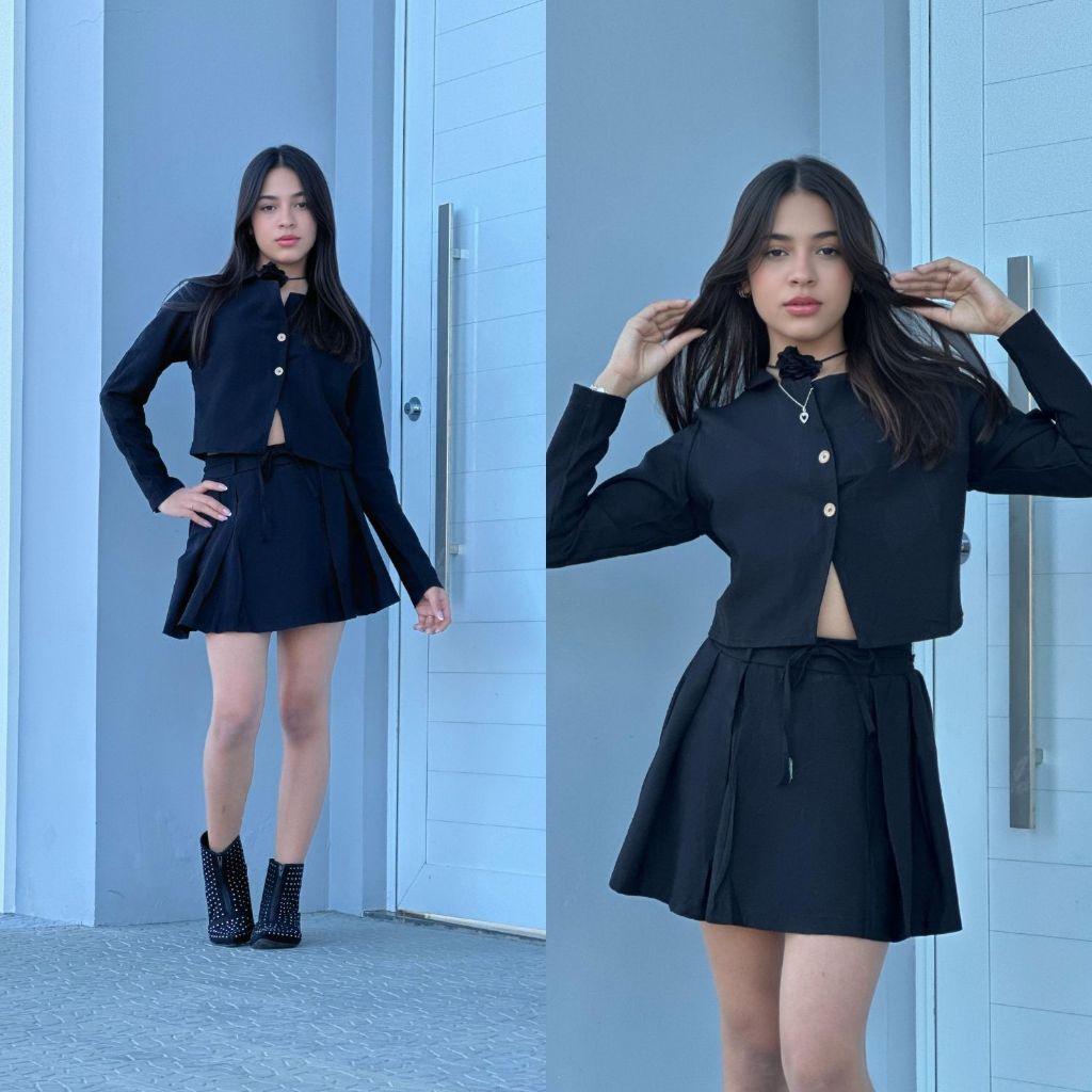 Conjunto Juvenil  Inverno Tendencia Blazer Short Saia Feito do Tecido Sensorial   Preto, Bege, Verde