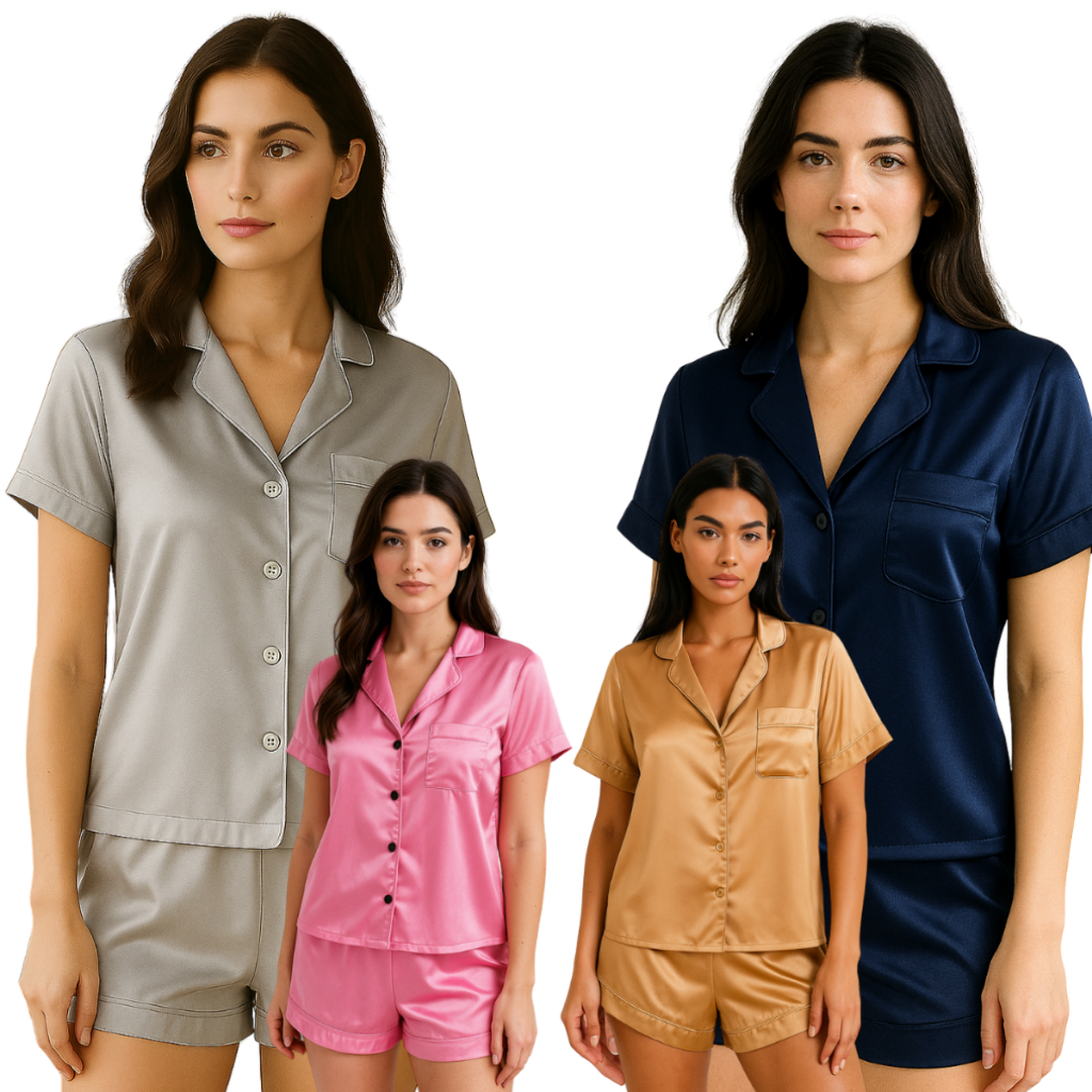 PIJAMA DE CETIM SHORT E CAMISA AMAMENTAÇÃO NO AZUL MARINHO, ROSA, AZUL CLARO  E CINZA NO P,M,G