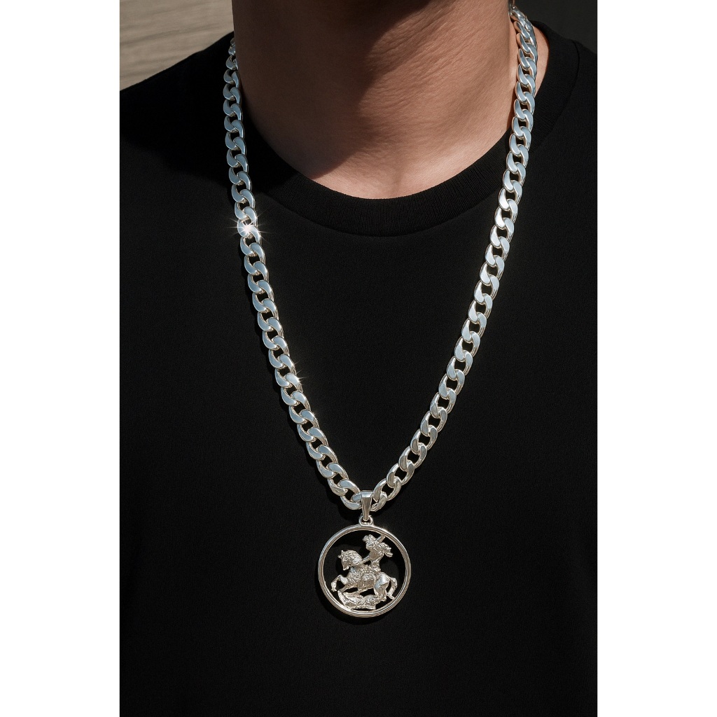 CORRENTE DE PRATA GRUMET 1x1 10MM 70CM COM PINGENTE SAO JORGE PRATA 925 MISTA CORDÃO COLAR MASCULINO FOLHEADO