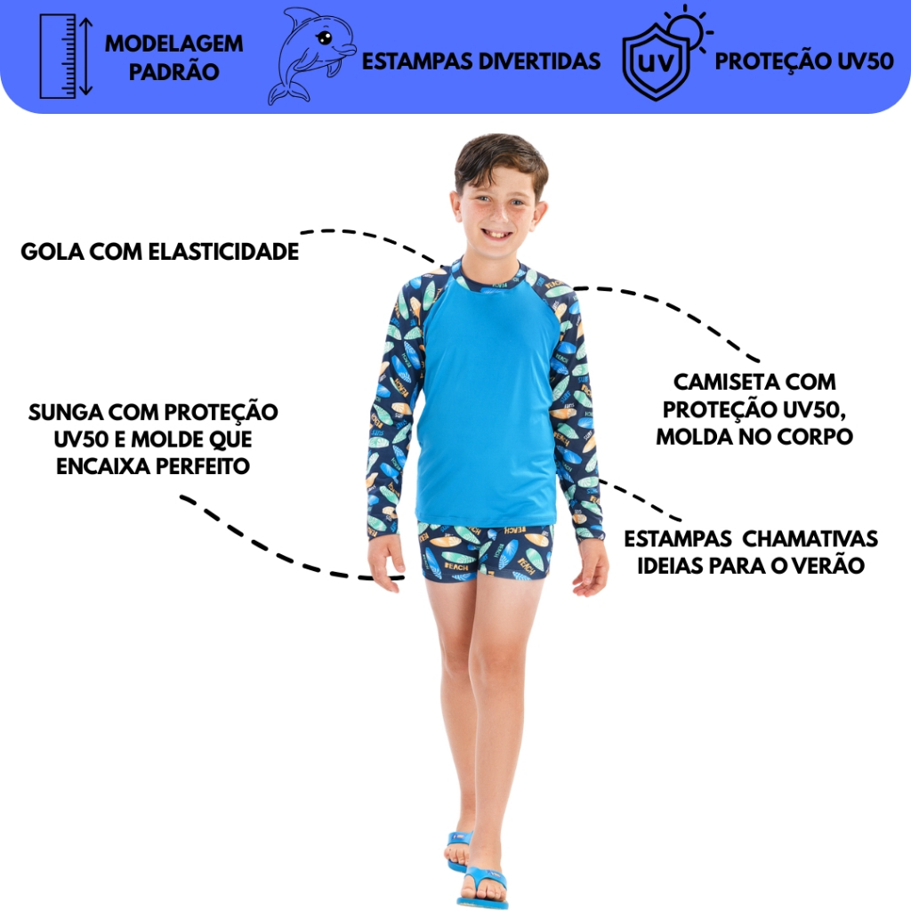 Conjunto Camisa + Sunga com Proteção Solar UV50  Bebê e Infantil Moda Praia Meninos Estampado Lote cueca