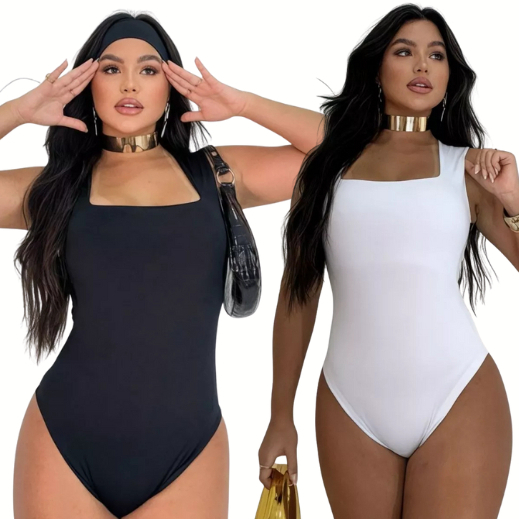 Kit 2 Body Feminino Decote Quadrado Alças Grossas Casual Elegante