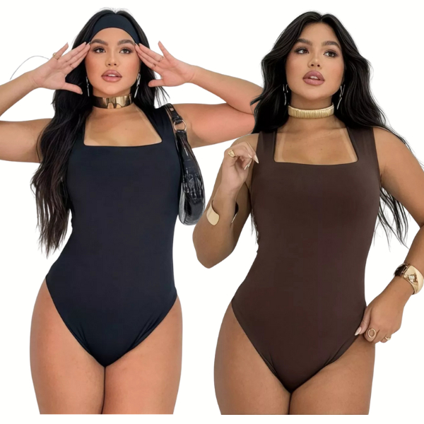 Kit 2 Body Feminino Decote Quadrado Alças Grossas Casual Elegante