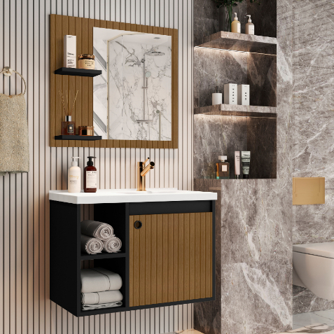 CONJUNTO GABINETE COM ESPELHEIRA E CUBA PARA BANHEIRO 60CM ADONIS RIPADO COM PRETO em Oferta na Shopee