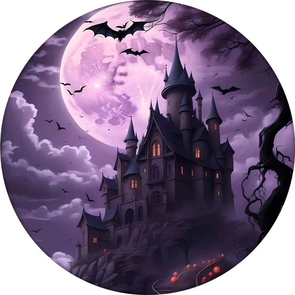 Painel Halloween Redondo Casa Mal Assombrada em Tecido Premium Com Elástico Azul e Amarelo