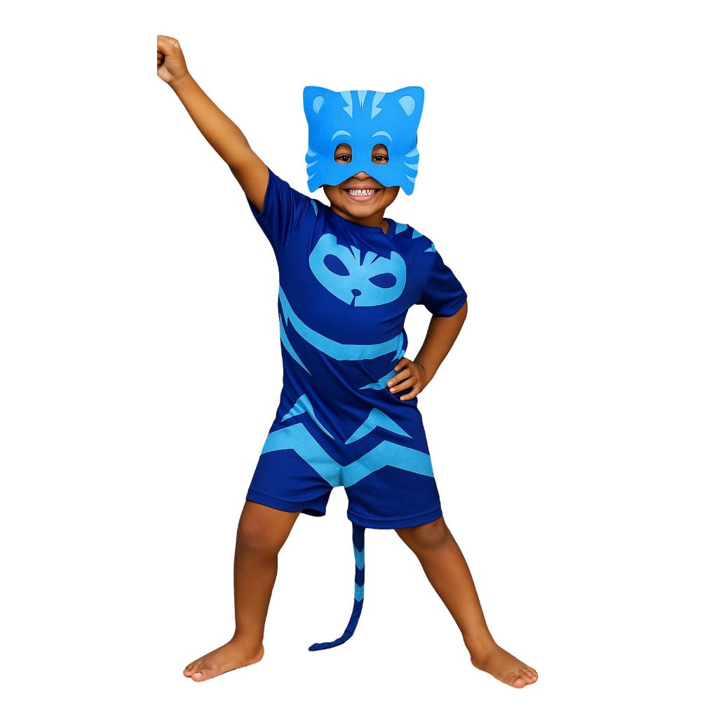 Fantasia Infantil PJ Masks Menino Gato Com Mascara Azul Macacão Carnaval