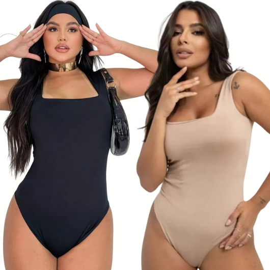 Kit 2 Body Feminino Decote Quadrado Alças Grossas Casual Elegante