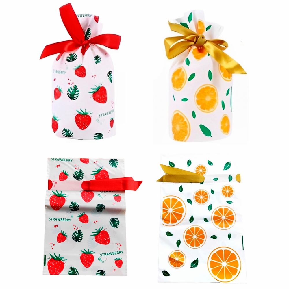 Kit 12 Sacos Para Presente Estampa de Frutinhas com Fitinha Frutas