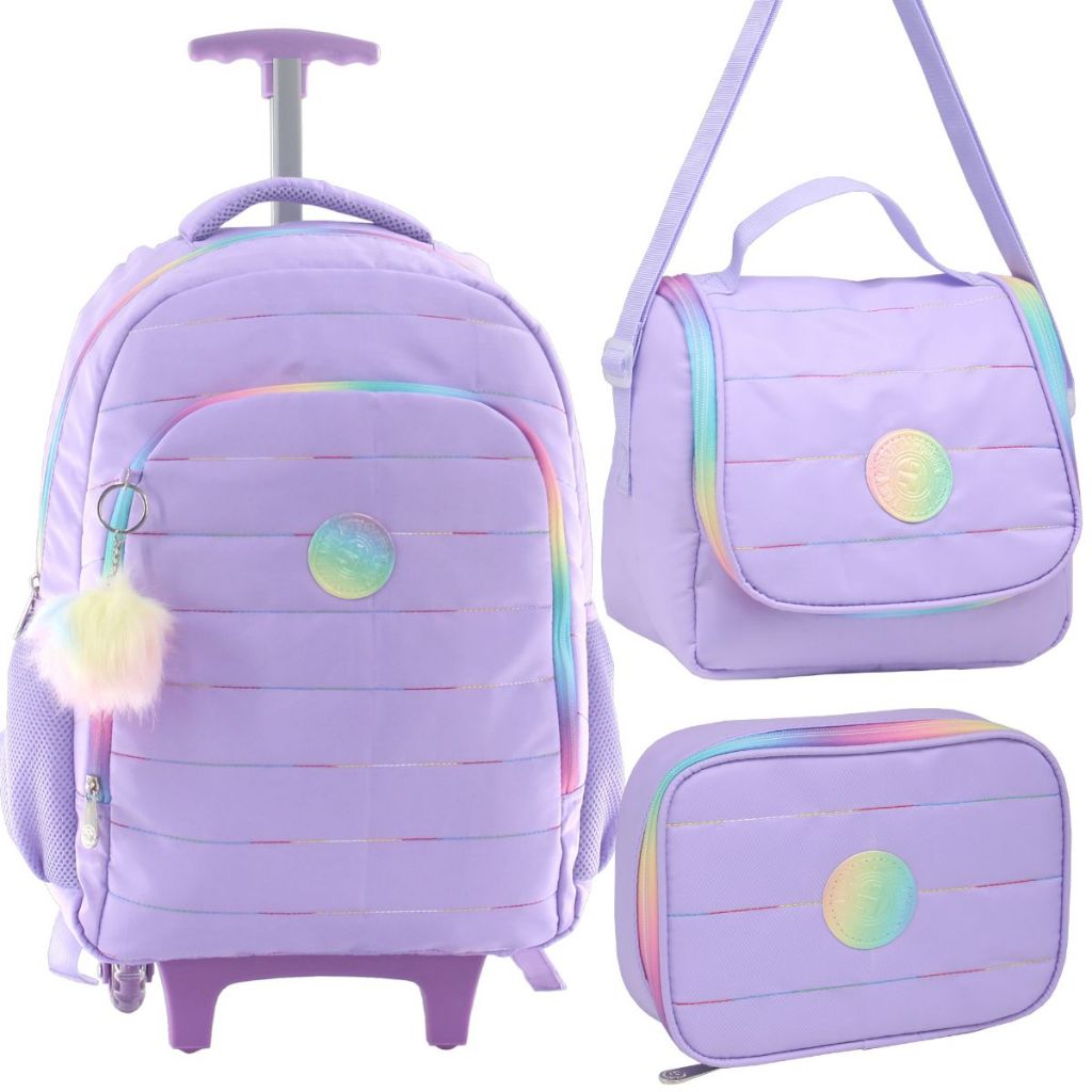 Kit Mochila com Rodinha Escolar Feminina Lancheira Estojo e Chaveiro Pompom Menina Kit Completo Tons Pasteis em Oferta na Shopee