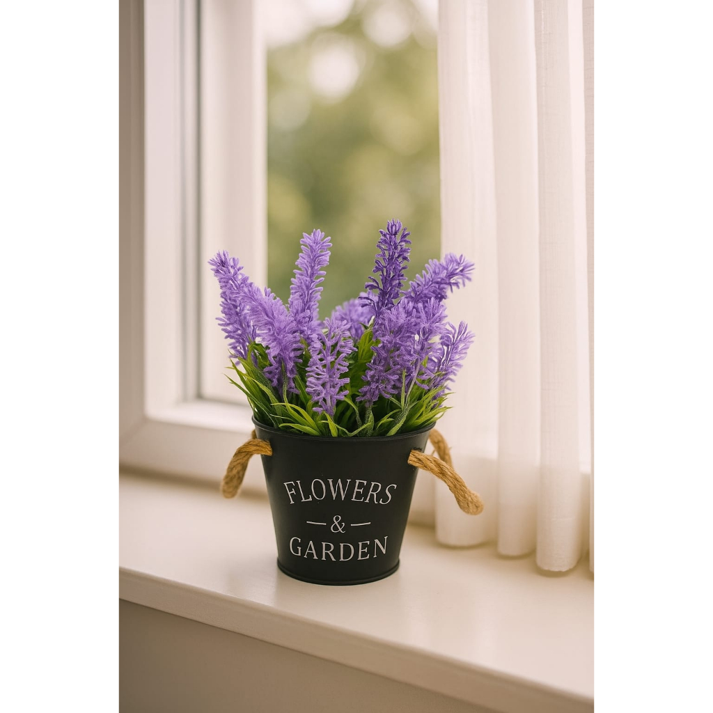Conjunto Cachepô Vaso Enfeite Com Planta Lavanda Artificial