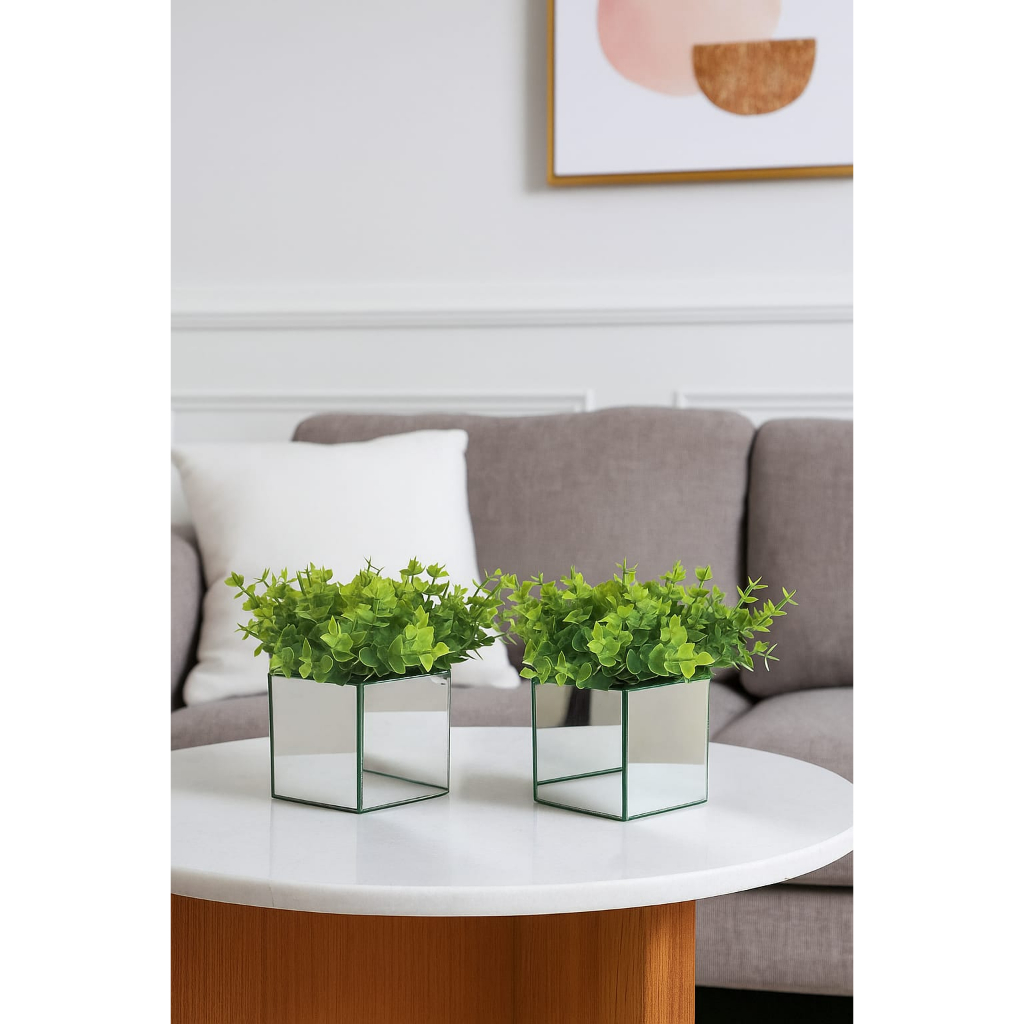 Conjunto Vasos Cachepot Espelhado C/ Plantas Pick Eucalipto Artificial 2pçs.