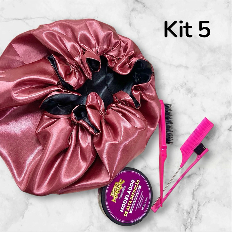 Kit 5 Touca GG Cetim + Pomada Modeladora + escova Baby Hair+ Pente Fino Com Cabo+ Escova Penteado