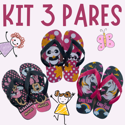 Kit 3 Pares de Chinelo Infantil Menina Números Combinados