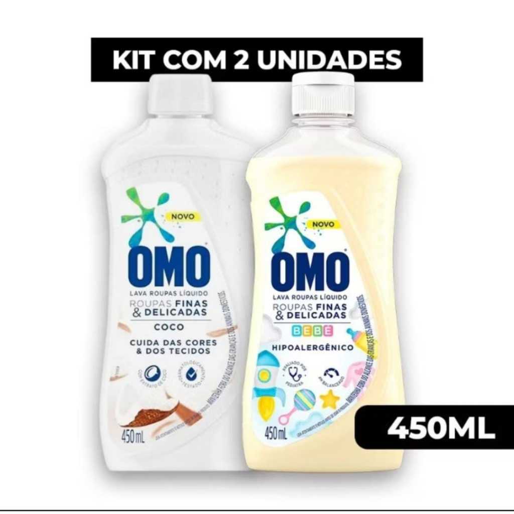 Kit com 2 Sabao Líquido Omo Roupas Finas e Delicadas Coco 450ml