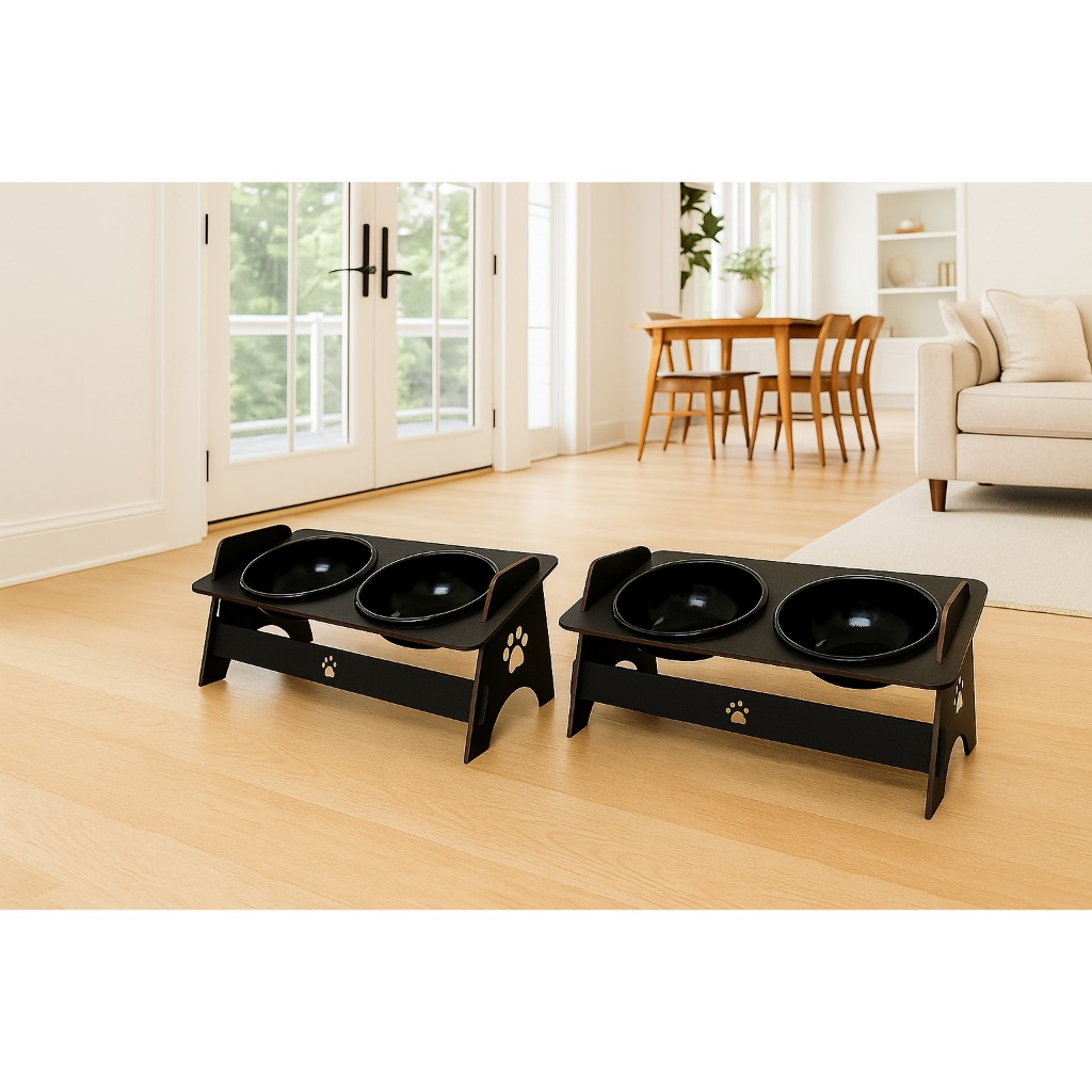 2 Comedouros Kit Para Pets de Pequeno Porte Bebedouro e Comedouro Pet Elevado em MDF