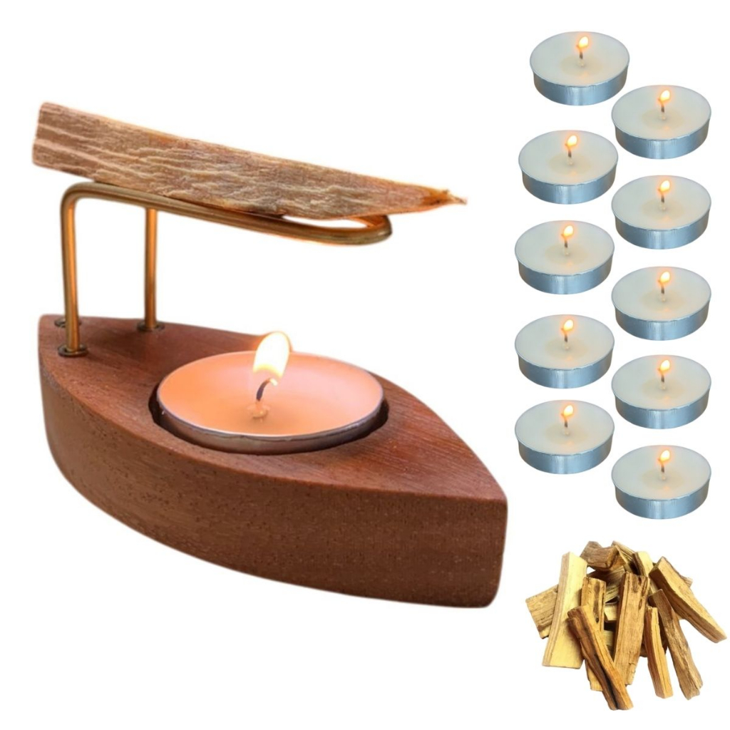 Incensário Porta Palo Santo Mod: Canoa + 10 Velas e 1 Lasca - Para Palo Santo Natural e Palito