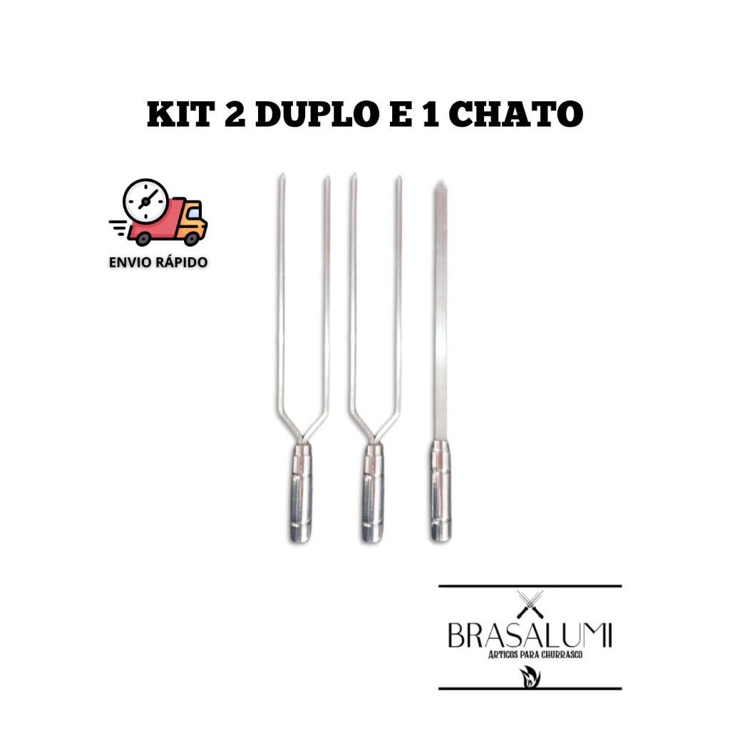 kit 3 espetos de alumínio 40 cm (2 duplo 1 chato) churrasqueira -- churrasco