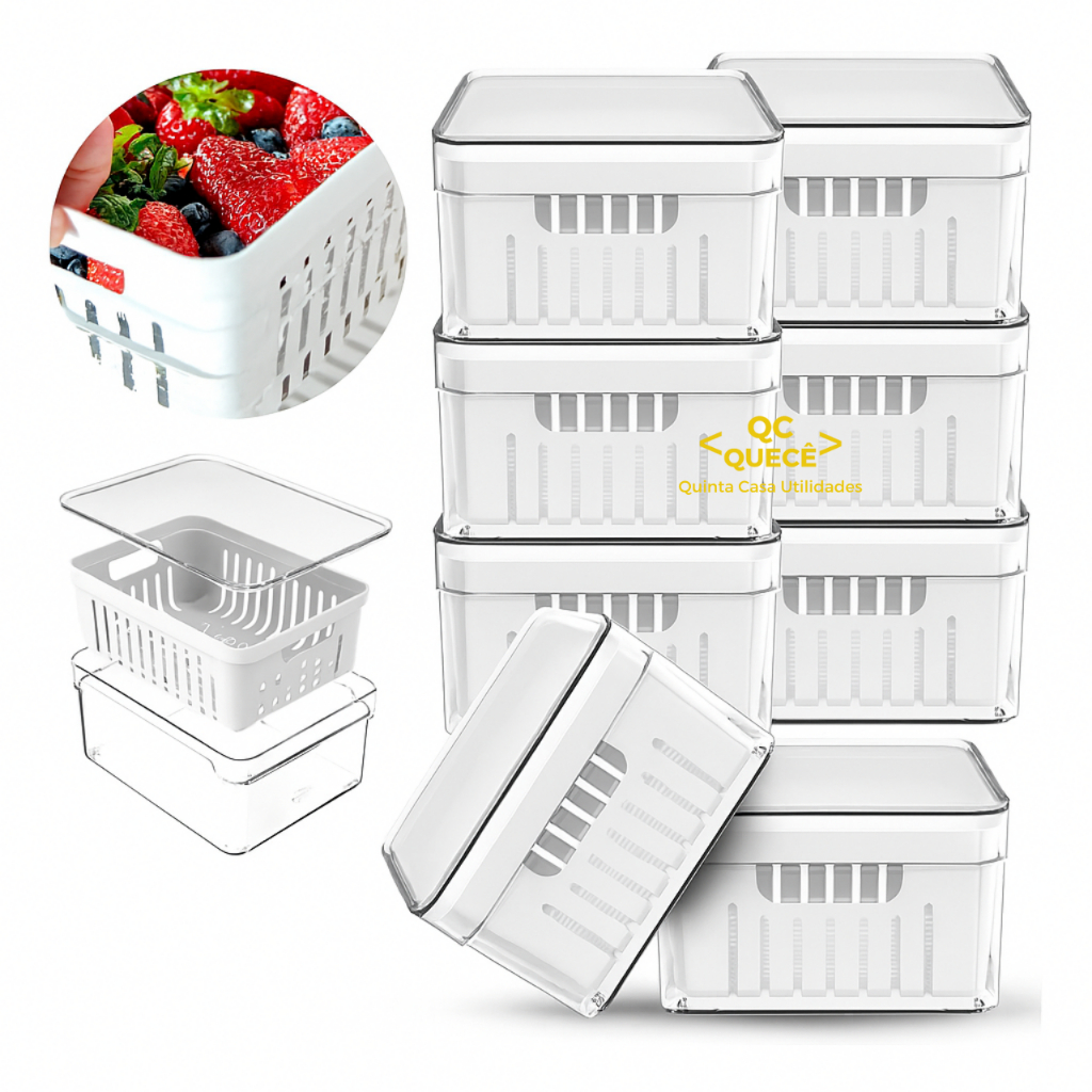 Kit 8 Organizador de Geladeira Acrílico com Cesto Tampa 1.36L Verduras Frutas Vegetais