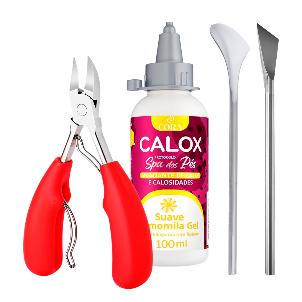 Amaciante Calos Calox + Alicate Mola Dupla Profissional + Espátula + Palito Metálico Kit Pés
