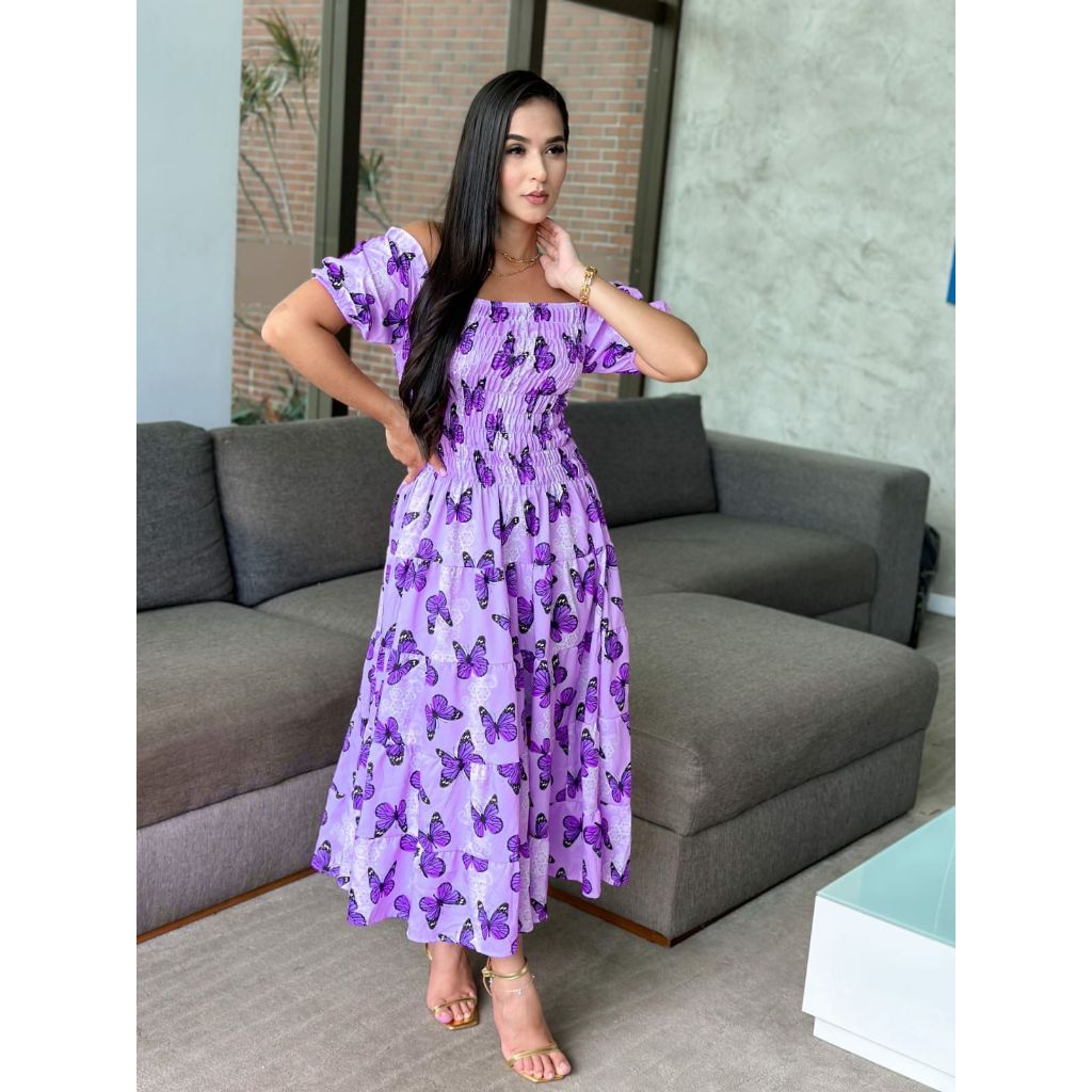 Vestido feminino elegante luxo estiloso casual festa babado moda evangelica quatro marias lastex REF: 130 em Oferta na Shopee