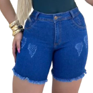 Short jeans feminino meia coxa perna desfiada cintura alta levanta bumbum