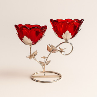 Castical Duplo Porta Vela Rosa de Vidro  Base Metal / Velas e Castiçais