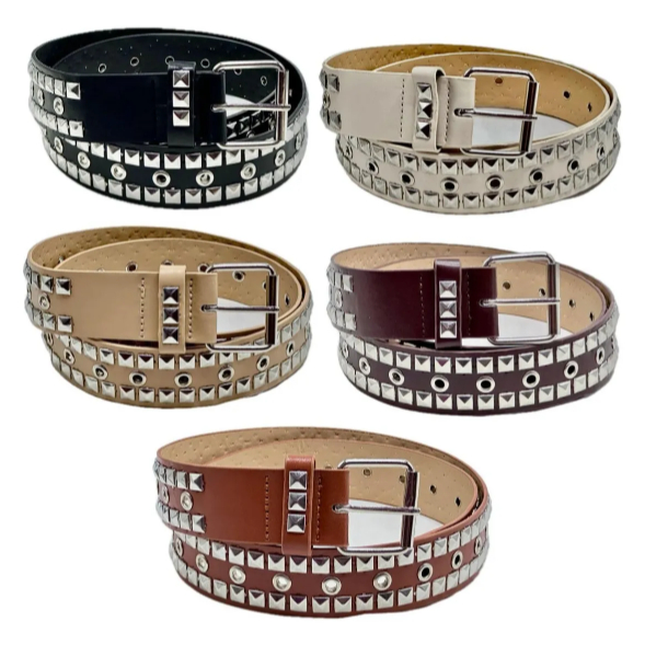 Cinto Feminino Fivela Quadrada Prata Couro Pu Cravejado Com Tachas E Ilhós MZS-412