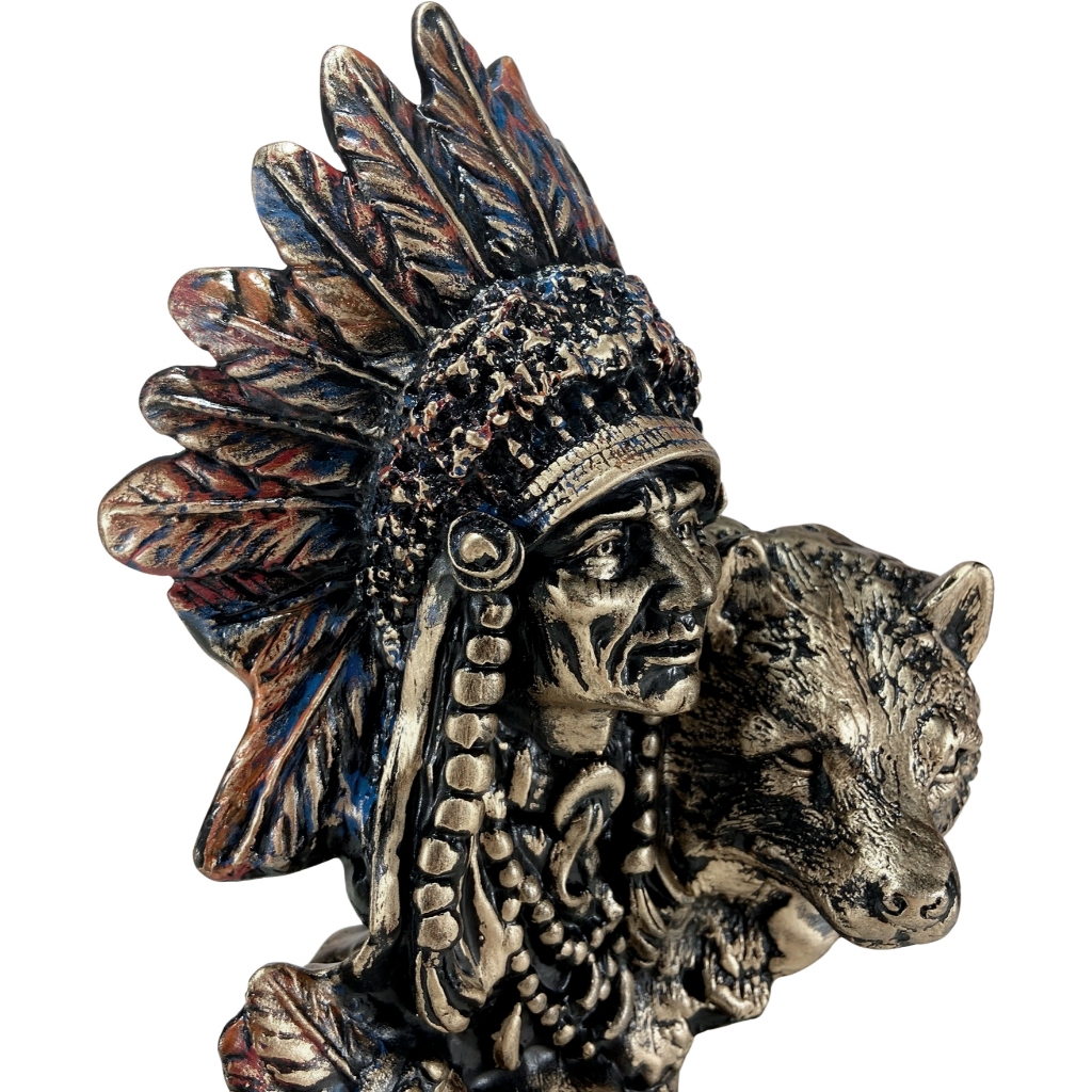 Índio Cherokee Cacique - Lobo Cocar Aldeia Estatueta