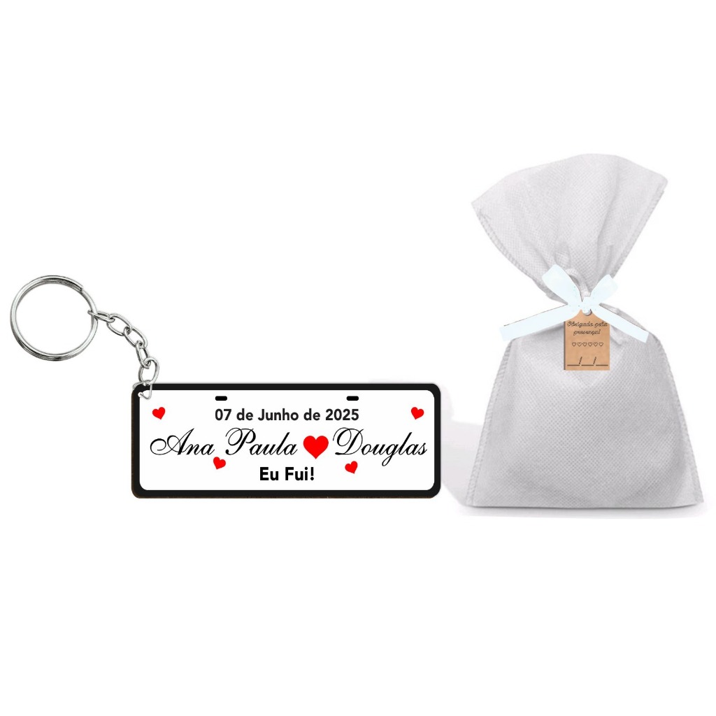 Chaveiro Lembrança Casamento Placa de Carro Corações - Personalizado em MDF com saquinho de TNT + tag