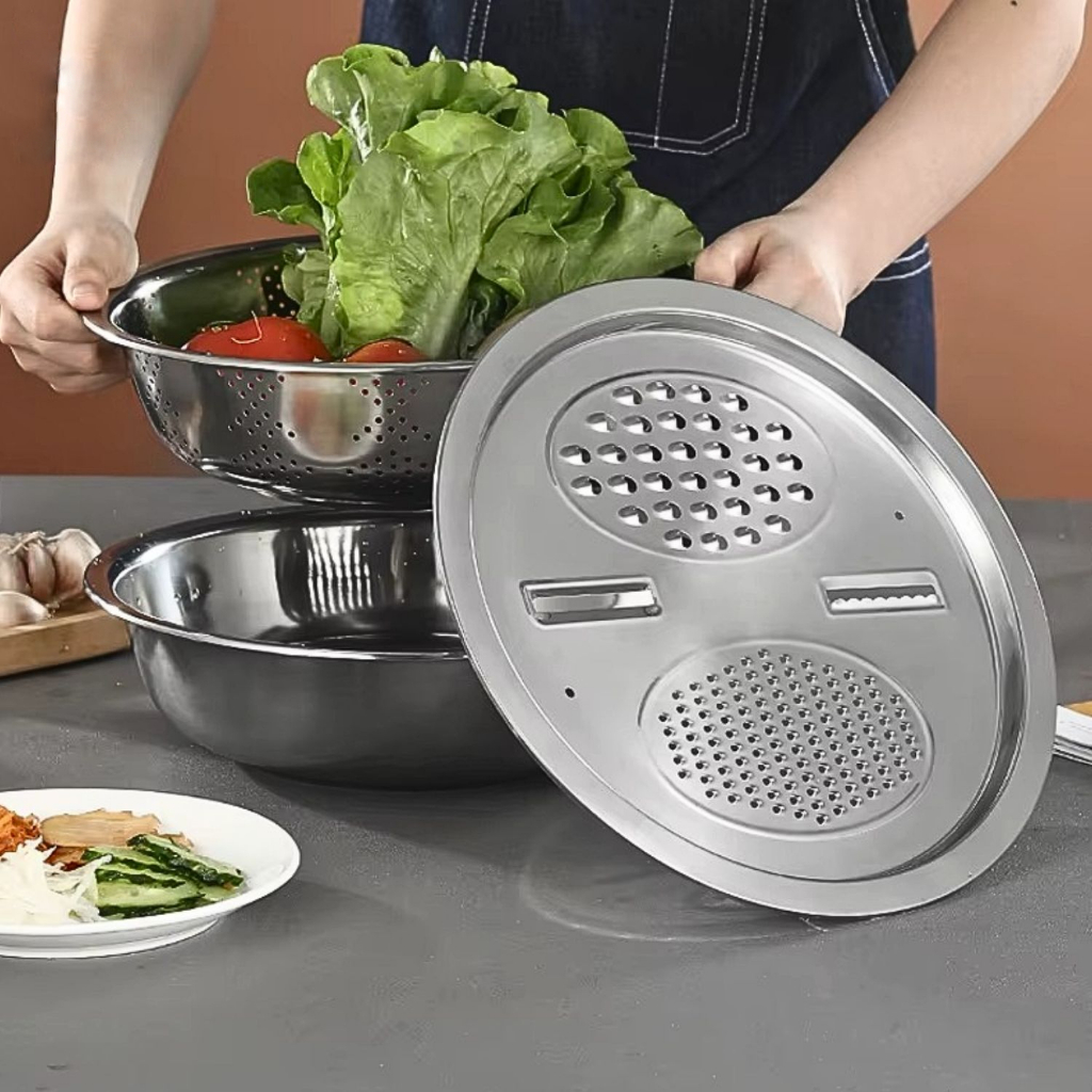 Kit 3 Em 1 Ralador Fatiador Escorredor Bacia Legumes Queijo Manual Tigela Cozinha Prática