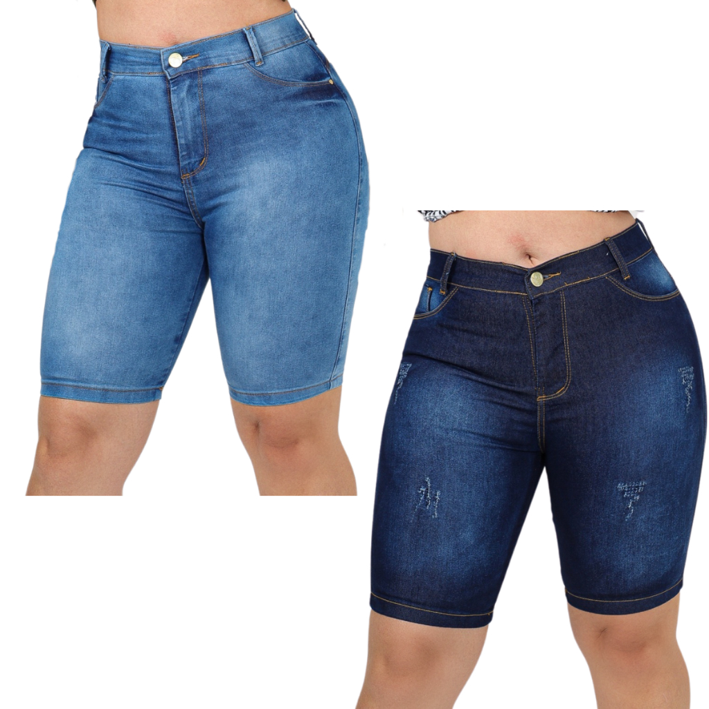 Kit Bermudas Jeans Feminina Cós Alto Até o Umbigo Veste Bem 34 36 38 40 42 44 46 2 Peças em Oferta na Shopee