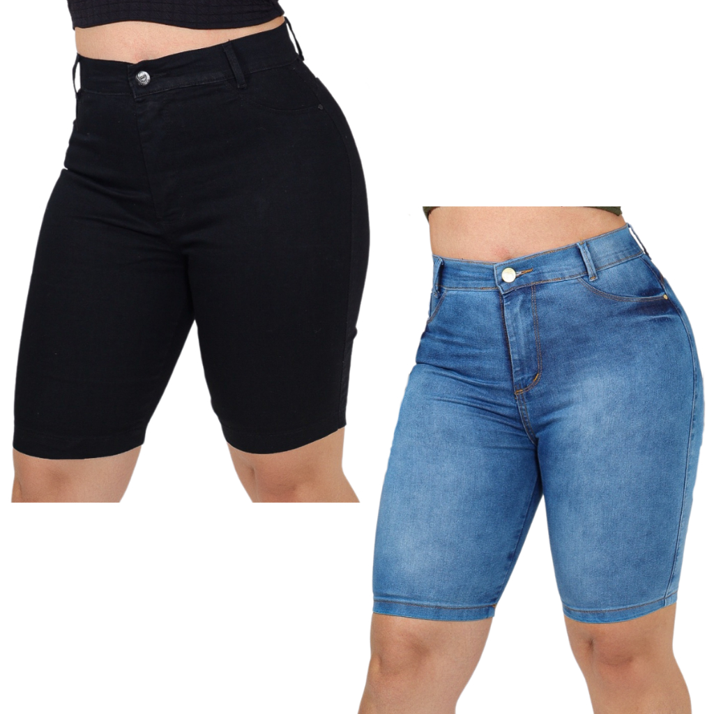 Kit 02 Bermudas Jeans Femininas Ciclista Até o Joelho Lycra em Oferta na Shopee