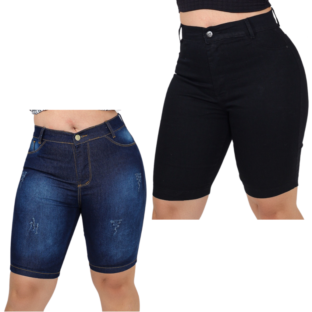 Kit Bermudas Jeans Feminina Cós Alto Até o Umbigo Veste Bem 34 36 38 40 42 44 46 2 Peças