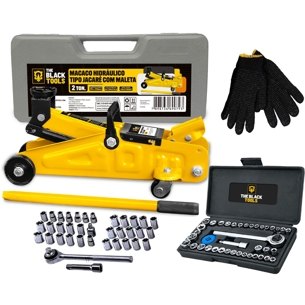 Kit Macaco Hidráulico Jacaré 2 Tonelada Maleta + Jogo Catraca Soquetes 40 Peças + Luva Tricotada em Oferta na Shopee